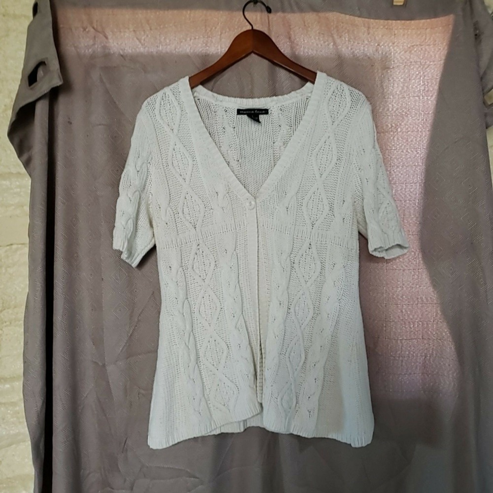 Marina Luna Sweater Womens Large White V Neck Short Sleeve Cable Knit Pullover